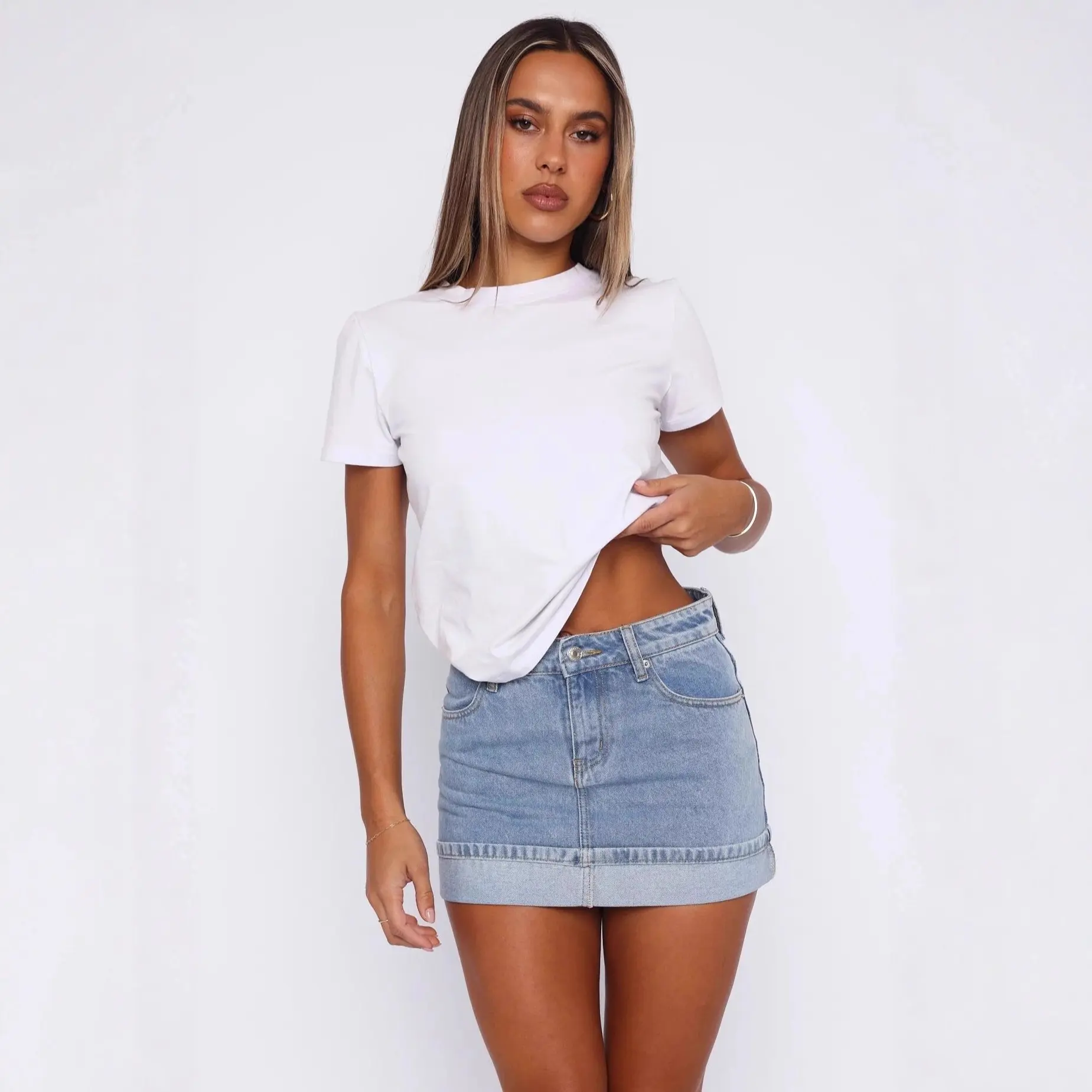 Women's Basic Fitted Light Wash High Waist Denim Mini Skirt - Lady's Short Length Bottom for Everyday Casual, Party Streetwear, Denim Skirt, Jean Skirt