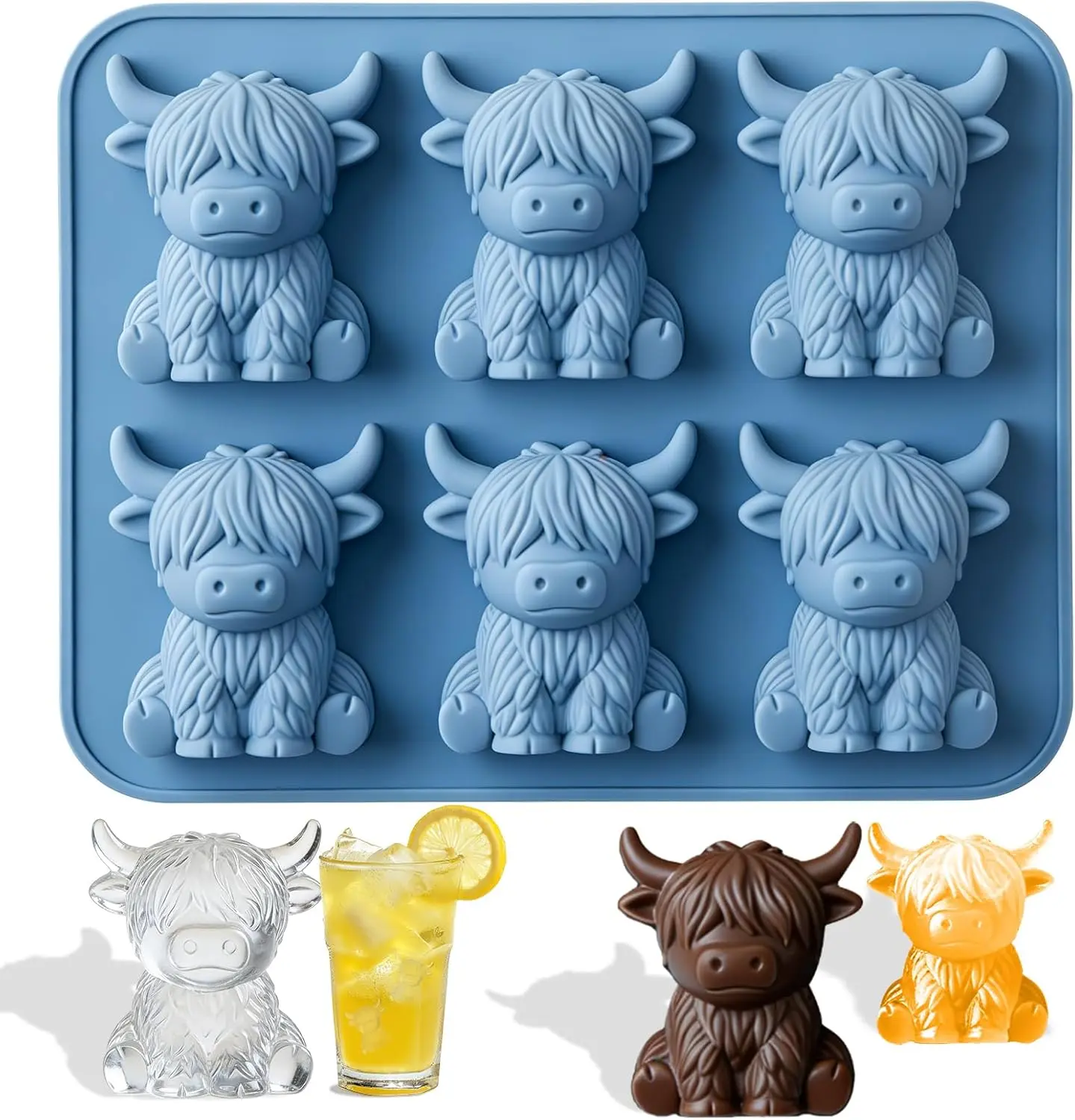 3D Highland Cow Ice Cube Silicone Molds Tray for Whiskey, Cocktail, Drink, Bar; Rich Details. Fun Animal Mold for DIY Taba Squishy Chocolate Soap Candle Resin Gift for Women Girls Boys; 2 Pack