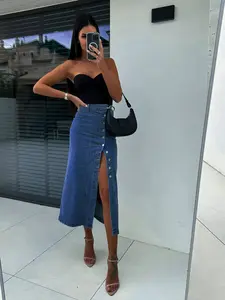 Women's Vintage Washed High Stretch Split Denim Skirt, High Waist Straight Midi Skirt, Button Closure, Casual Summer Fashion
