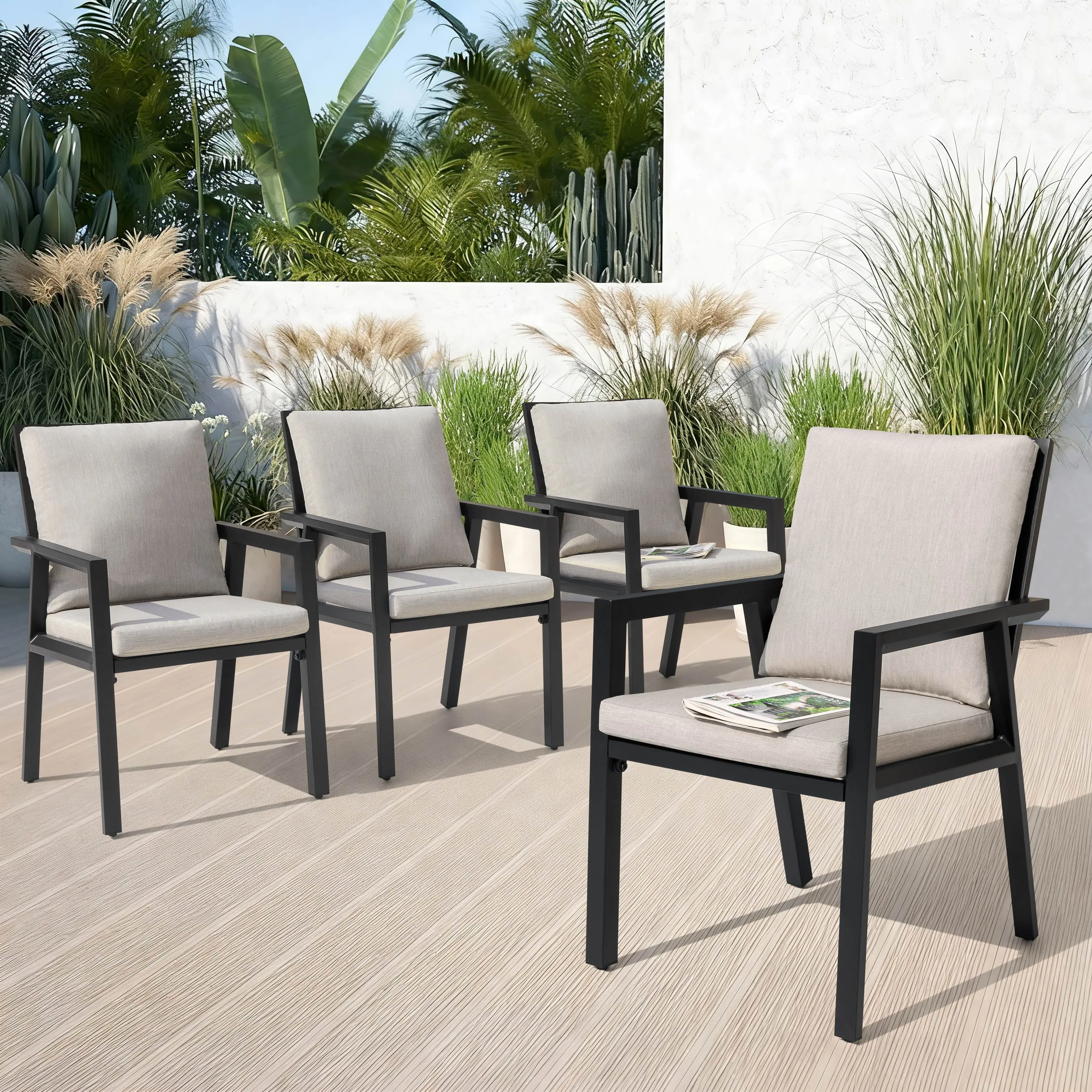 Outdoor 4-Piece Aluminum Dining Chairs with Gray Cushions