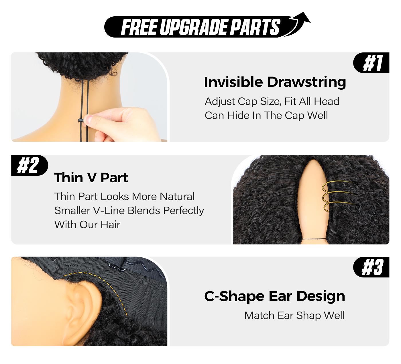 OQ HAIR V Part Wigs Human Hair 1B/30 Highlight Color Water Wave Upgrade Glueless Human Hair V-Part Clip in Wigs With Drawstring No Leave Out, No Glue, No Sew-in, Beginner Friendly