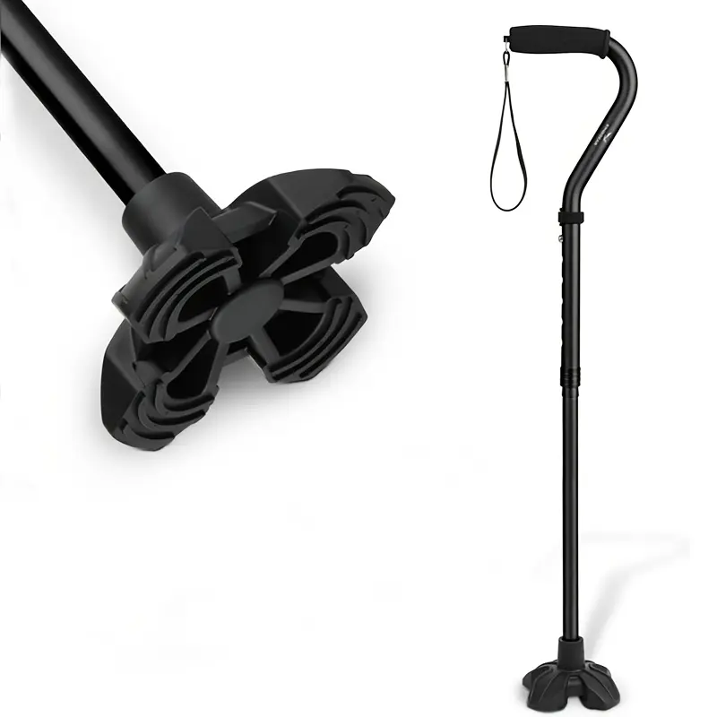 Walking Cane for Men and Women - Stand Alone Folding Cane with Wrist Strap, EVA Foam Handle and Wide Quad Base for Stability, Lightweight Support for Seniors & Elderly