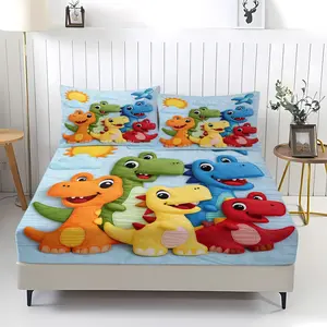 Cartoon Dinosaur Embroidered Bed Sheet Set, Soft Comfortable Easy Care, Perfect for Kids' Room Bedroom Decor, Includes 1 Fitted Sheet & 2 Pillowcases
