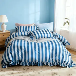 3-Piece Blue Striped Ruffled Duvet Cover Set,(1 Duvet Cover without core + 2 Pillowcases Without Pillow Core), Comfortable&Soft, Suitable for Single/Double Beds