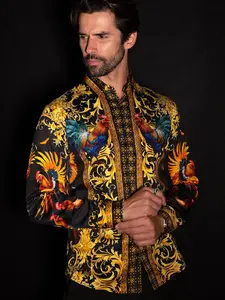 Barabas Men's Black and Gold Rooster Rhinestone Long Sleeve Button Up Dress Shirt Menswear Top wit‎…