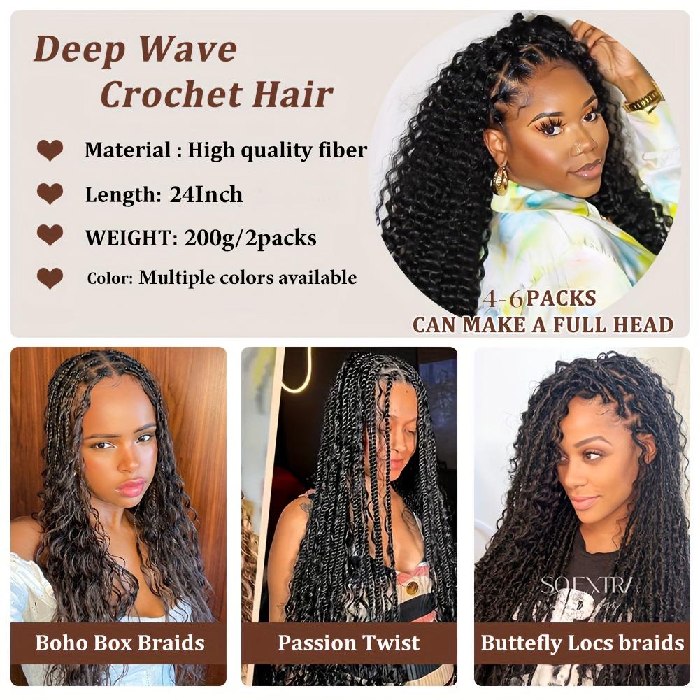 Ocean Wave Deep Wave Braiding Hair 24 Inch 2 Packs, 1B# Natural Black Synthetic Curly Crochet Hair, Tangle-Free for Black Women, Protective Hairstyles Deep Wave Wig hair Extension