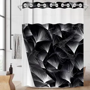 1pc hookless shower curtain with buckle lining, black and white feather-like geometric patchwork design, 2D flat printing, fabric waterproof lining, see-through double-layer shower curtain, 71 x 74 inches, modern home draping curtain.