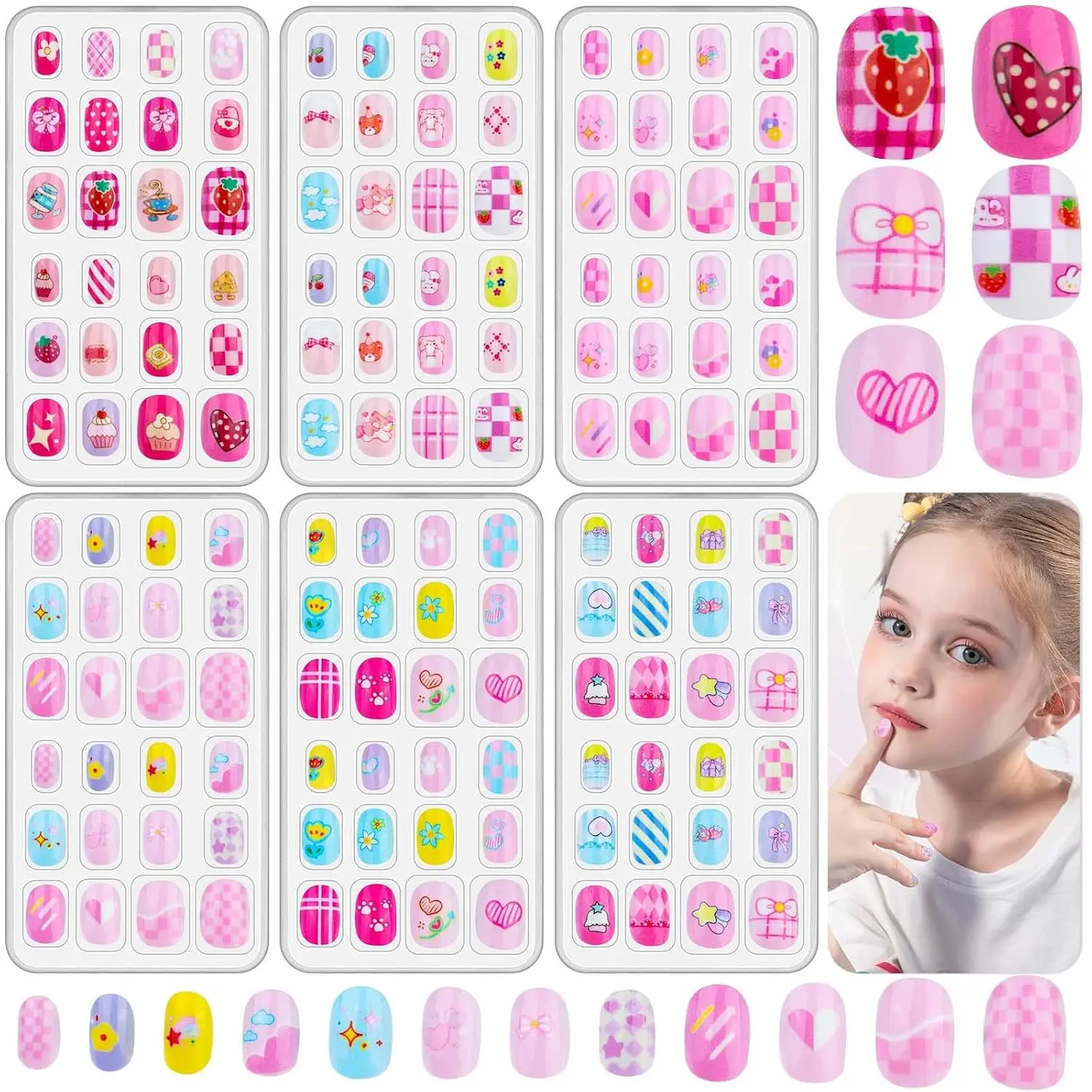 144 Pcs Kids Press On Nails Set 6 Pack Fake Nails for Little Girls Pre Glued Artificial False Nails Short Acrylic Nail Set for Toddlers & Children Kids Party Gifts