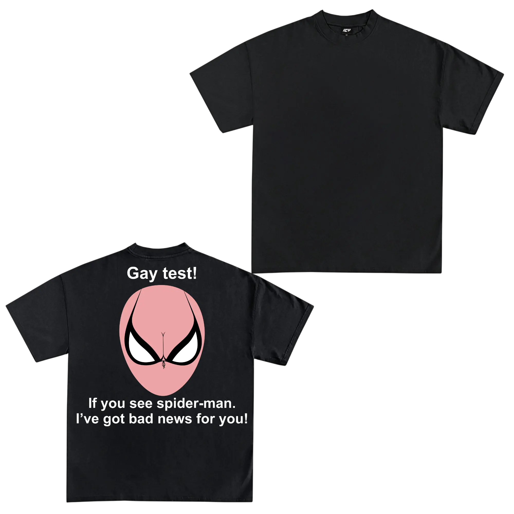 Funny Pink Mask Graphic T-Shirt, Gay Test Humor Tee, 2-Sided Graphic Shirt, Playful Superhero Inspired Print, Meme Style Casual Tee, Unisex Streetwear Shirt