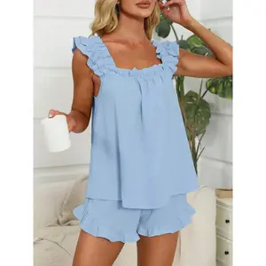 Women's Summer Lounge Set Ruffle Shoulder Strap Tank Tops Drawstring Shorts Sleepwear Sets