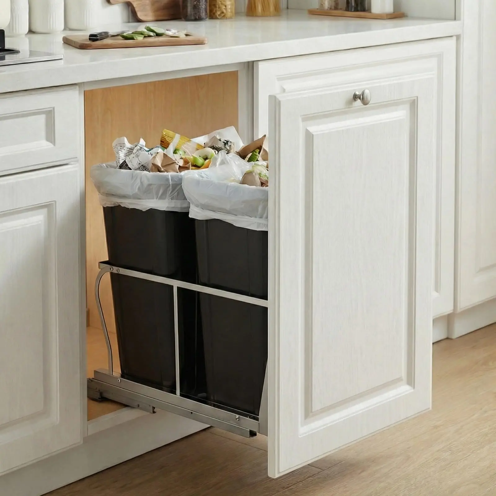 Single/Double 40QT Under Cabinet Pull Out Trash Can, 10 Gal / 2×10 Gal Waste & Recycling Combo, Soft-Close Slides, Built-In Bin for Kitchen & Laundry, Fits 18"W × 24"D Cabinet