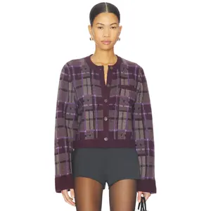 NAADAM Luxe Plaid Jacquard Cardigan in Purple Combo