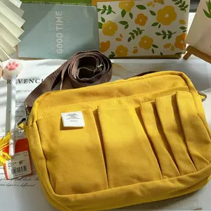 Classic A5 Medium Cotton Canvas Inner Carrying Pouch, 14 Pockets Stationery Utility Cosmetic Bag, Makeup Storage Organizer