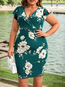 Plus Size Floral Print V-Neck Wrap Knee Length Dress for Women