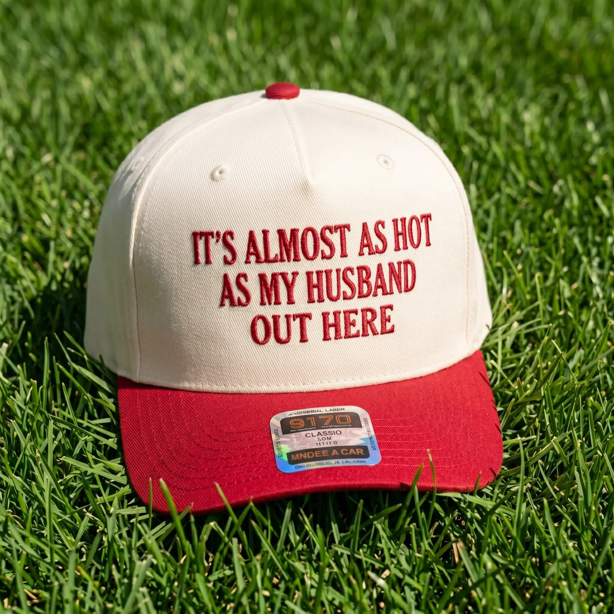 Its Almost As Hot As My Husband Funny Quote Embroidered Hat, Vintage Americana Pop Culture Baseball Cap, Retro Humorous Marriage Aesthetic Snapback, Classic Mid Profile Two Tone Gear