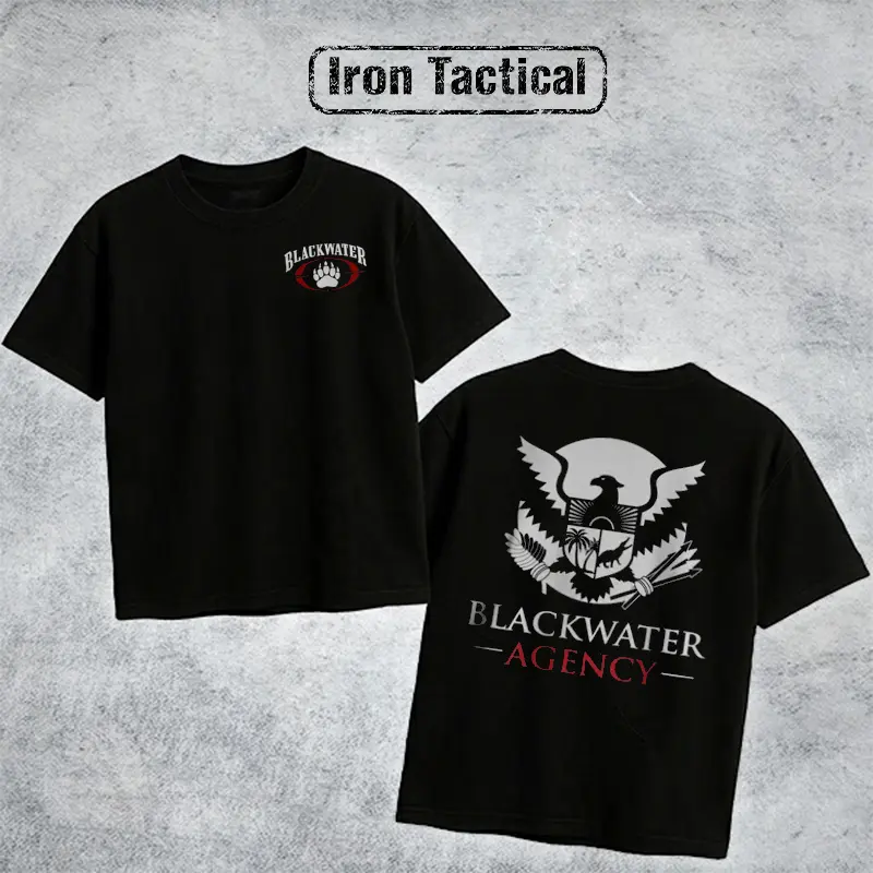 Men's Tactical Graphic T-Shirt with Blackwater Logo, Relaxed Fit Cotton Crew Neck, Outdoor Sports Apparel, Tshirt, Top, Streetwear, Breathable