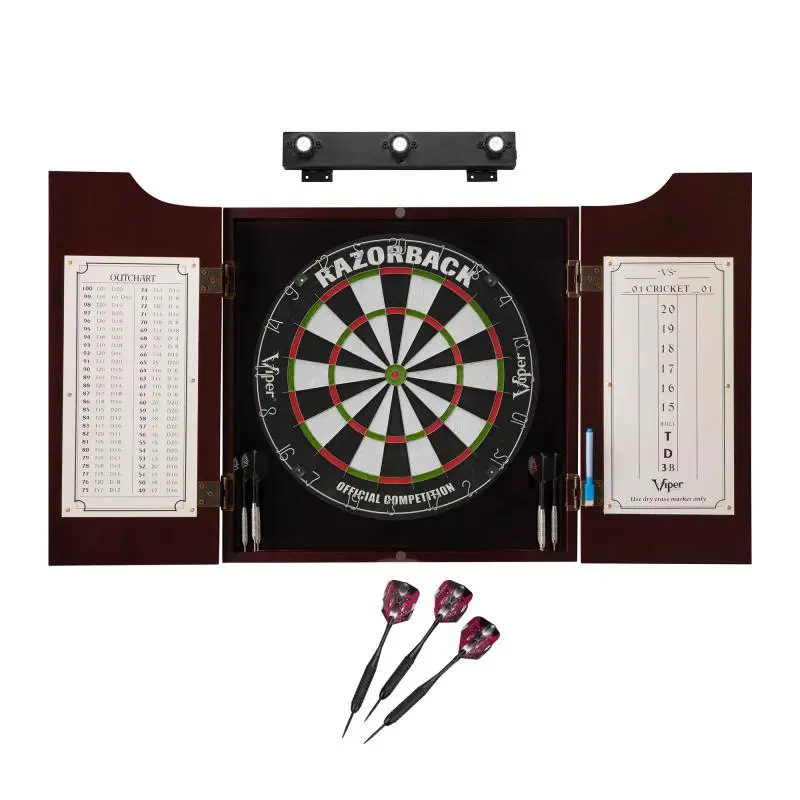 Professional Dart Set with Pine Cabinet, 17.75" Self-Healing Sisal Fiber Dartboard with Rotatable Numbers, Brass Steel Tip Darts & Light for Rec Room