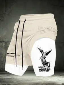 Men's "Archangel Michael & Isaiah 41:10" Print 2-in-1 Gym Shorts, Quick Dry Compression Liner Workout Shorts, Faith Training Bottoms, Graphic Shorts