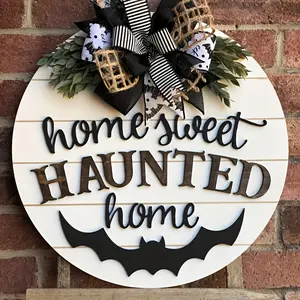 Home Sweet Haunted Home Halloween Door Hanger Sign – Rustic Round Front Door Decor with Bat, Bow & Greenery for Spooky Autumn Porch Decoration (30cm/11.8in)