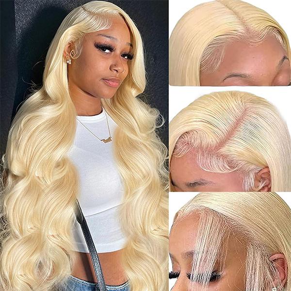 Anyweek 613 Lace Front Wig Human Hair Body Wave Blonde Wig 13x4 HD Transparent Lace Frontal Wigs Pre Plucked Glueless Wigs for Women