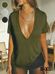 Military Deep V-Neck Loose Short Sleeve T-Shirt, Everyday Drop Shoulder Lazy Style, Slimming and Versatile Top, Essential for Trendy Girls