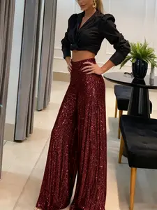 A women's wide-leg version is loose and elegant and inclusive with a good waist elastic design sequin wide-leg trousers, suitable for autumn and winter, suitable for dinner party style, fashionable red carpet style and other styles Womenswear