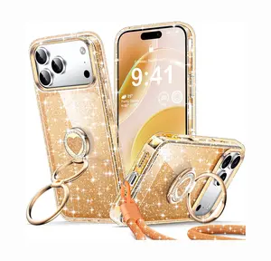 XYZ for iPhone 16 17 Pro Case Glitter Cute Bling Sparkly Cover with 2 Ring Heart Stand Wrist Strap Women Girls Slim Shockproof Protective Phone Cases