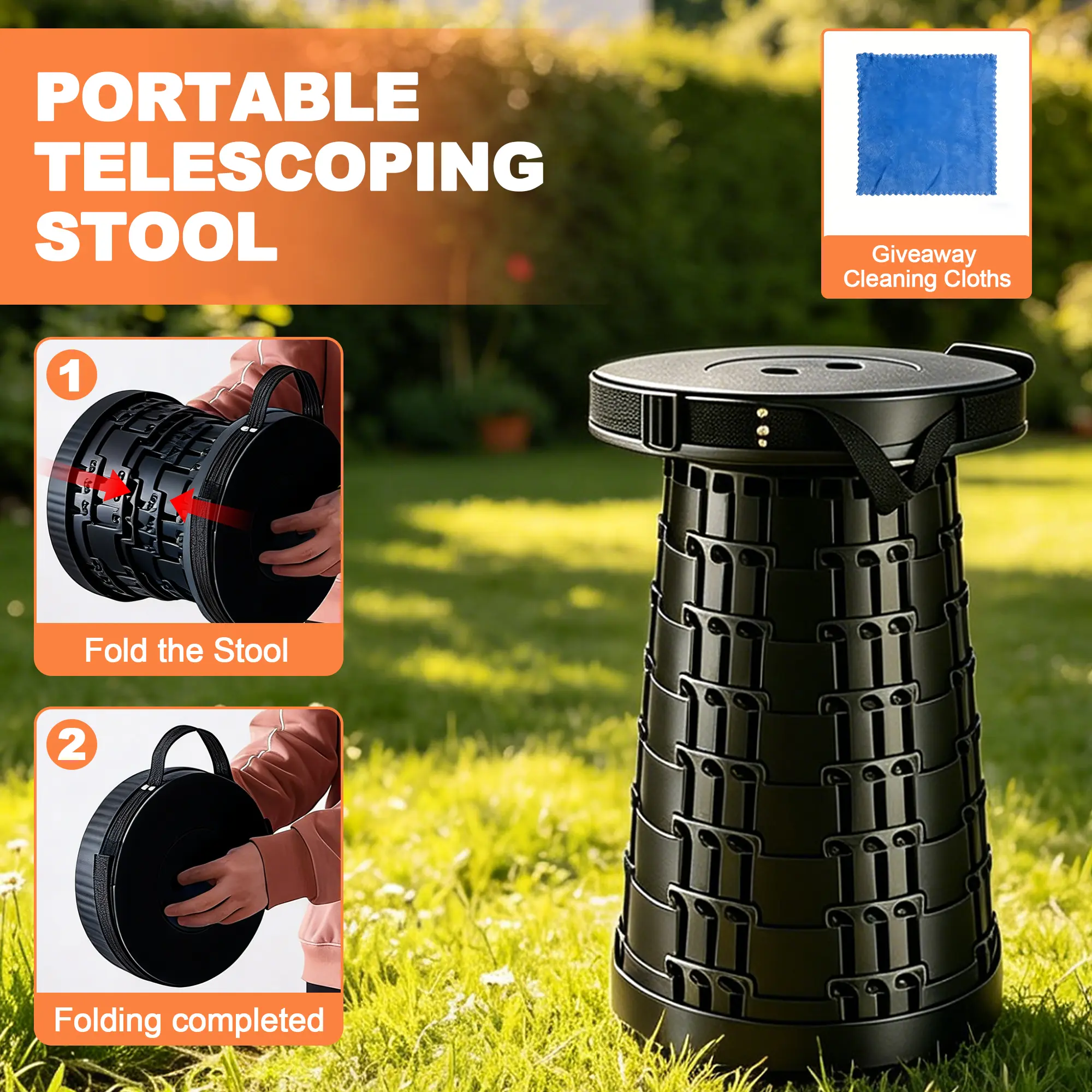 Portable Adjustable Height Telescopic Folding Stool, Triple Lock Buckles, Supports Up to 660 Lbs, Lightweight Waterproof Plastic Seat with Handle & Shoulder Strap, Compact Collapsible Travel Stool for Camping, Fishing, Outdoor Trips