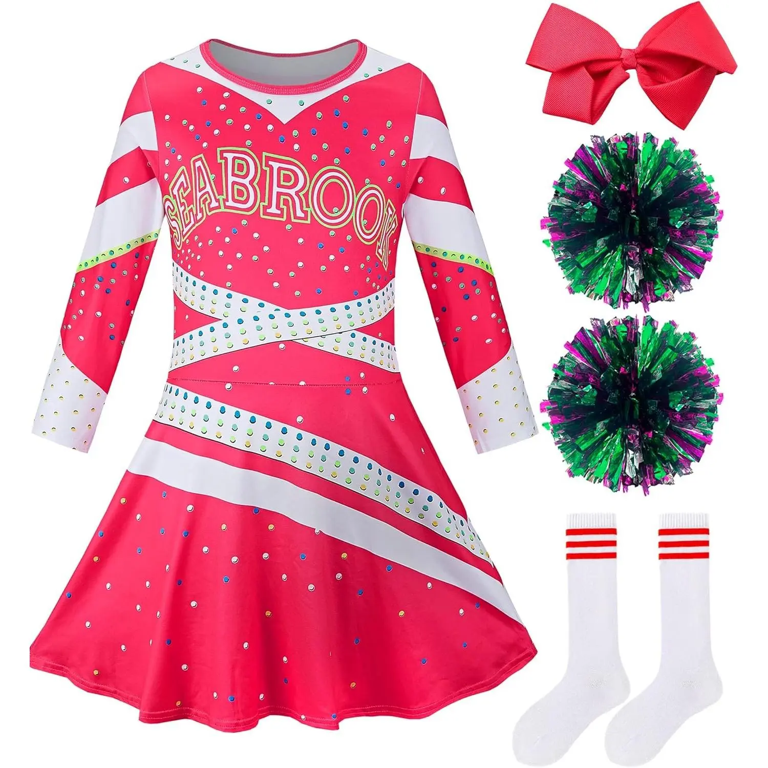 XP-CPA10 Girls' 100% Polyester Cheerleader Costume Set - Halloween Dress Up Outfit with Socks, Hair Ribbon for Birthday Party, Accessories, Dress Outfit, Party Events, Vibrant Look, 3 To 12 Years Old, 10 - 11 Years