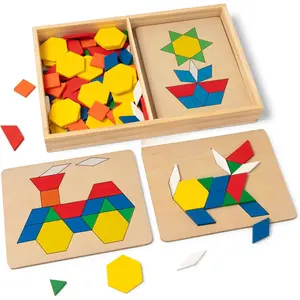 Pattern Blocks and Boards with 120 Multi-Colored Wooden Shape Tiles, 5 Double-Sided Puzzle Boards, Tangram Puzzles, Montessori Toys for Girls & Boys