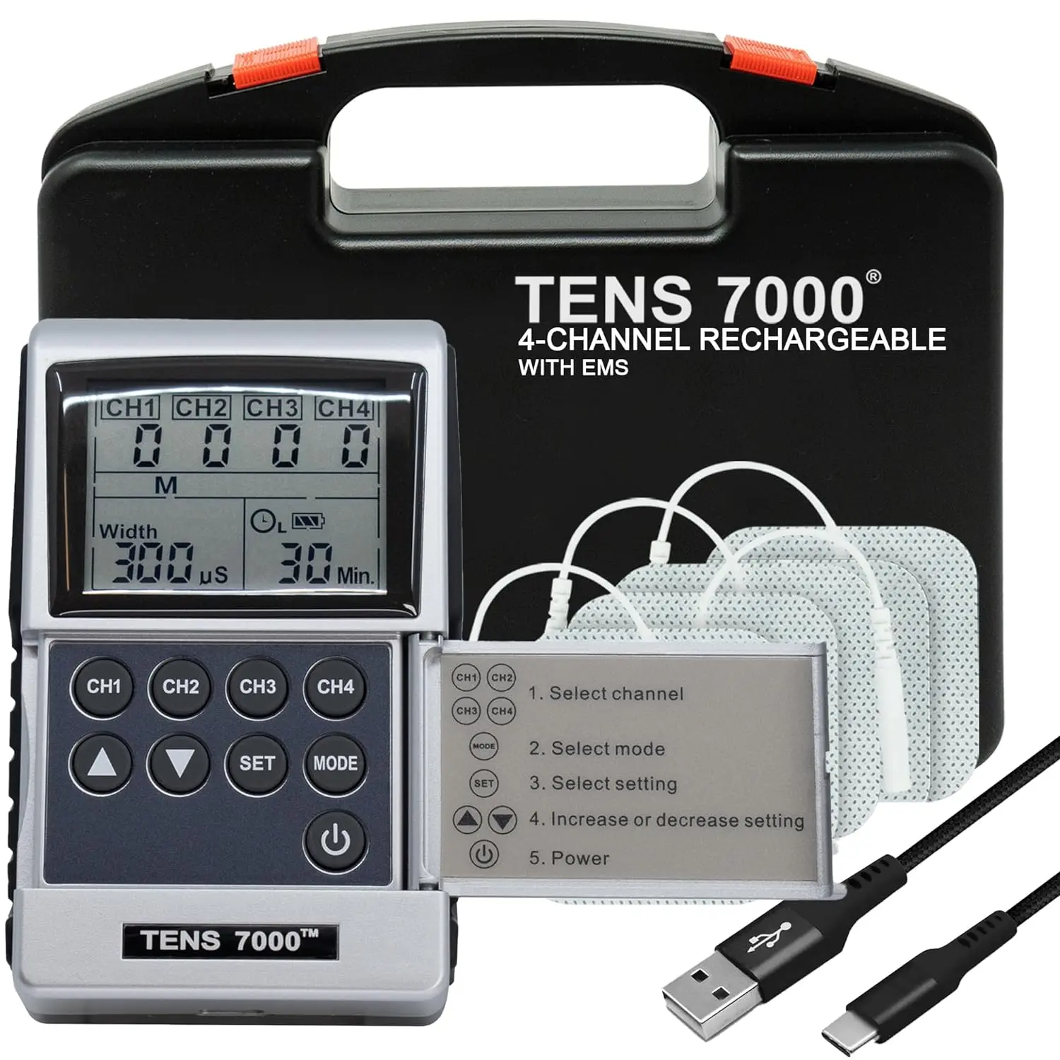 TENS 7000 Rechargeable TENS and EMS Combo Unit, Four Channel TENS 7000 Rechargeable TENS and EMS Combo Unit, Four Channel