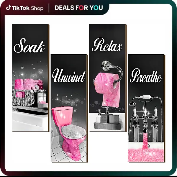 4 Pcs Bathroom Decor Wall Art Farmhouse Bathroom Pictures Wall Decor Soak Unwind Relax Breathe Wood Hanging Sign for Home Spa Laundry(Black and Pink)