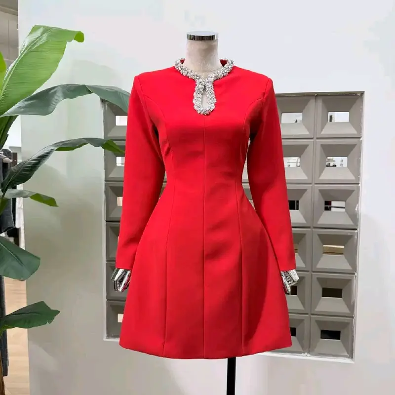 knee length dresses for ladies Embellished Long Sleeve Mini Dress in Black - 6 / Regular