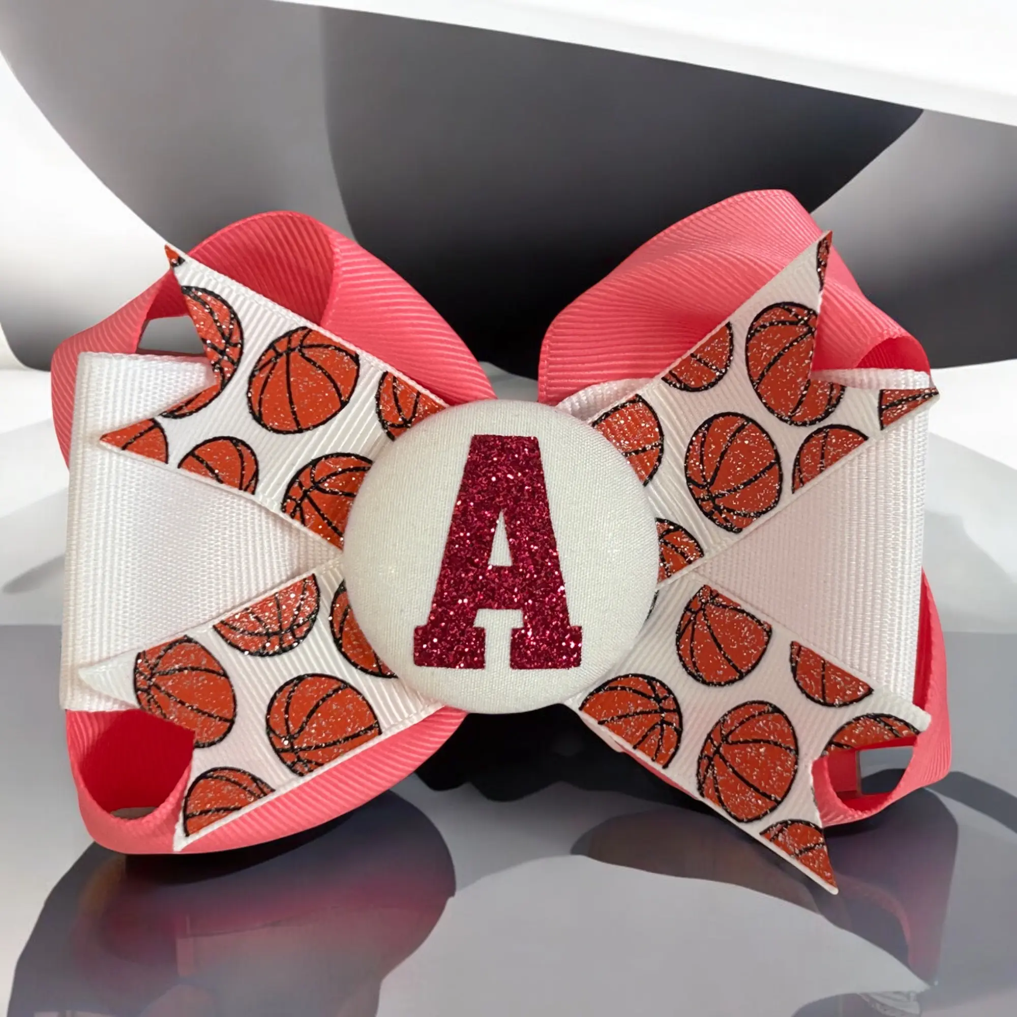 Hot Pink Basketball Glitter Initial Hair Bow for Girls, Choose Colors