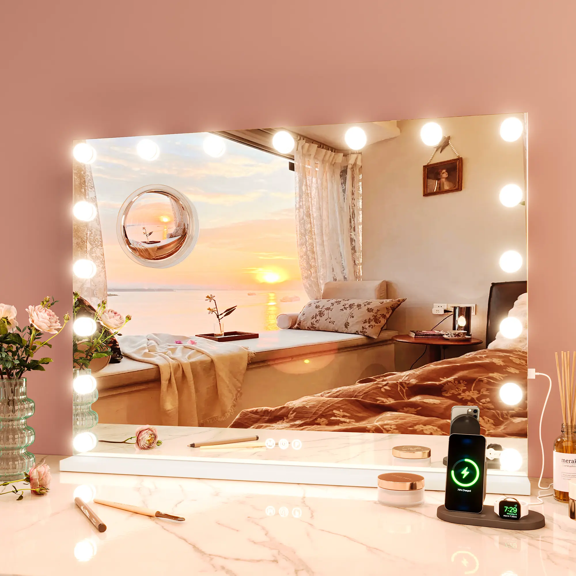 LED Vanity Mirror with Lights, 19-Inch Round or 23"x18" Large Square, Smart Touch Control, 3-Color Dimmable Lighting, 360° Rotatable, 3X Magnification, Aluminum Alloy Frame, Wall Mount or Tabletop for Bathroom, Bedroom, Living Room, Black/White, Decor, Gi