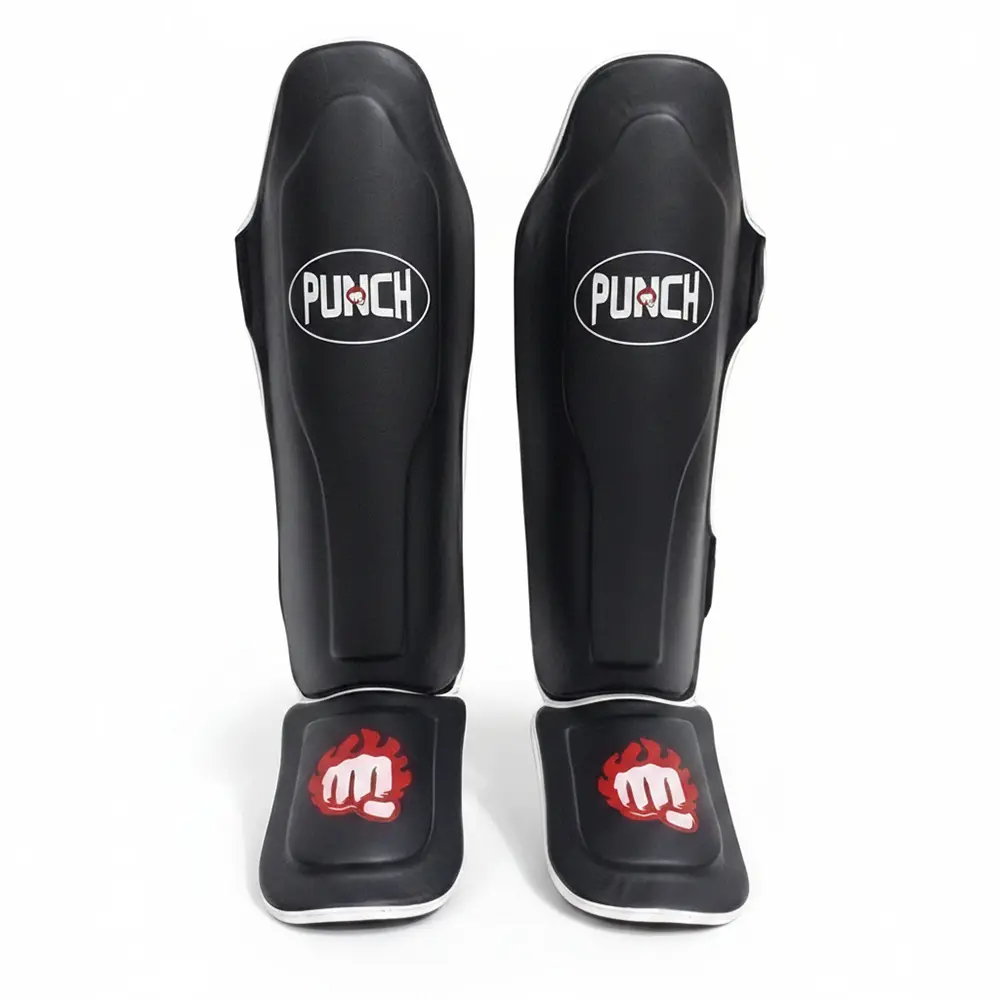 Punch Sports Shin Guards with Instep Protection – Lightweight Synthetic Leather Shin & Leg Protector, Double Straps, Hand Molded Foam Padding for MMA, Kickboxing & Muay Thai