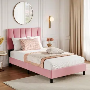 Velvet Upholstered Bed Frame with Adjustable Headboard, Low Profile Platform, No Box Spring