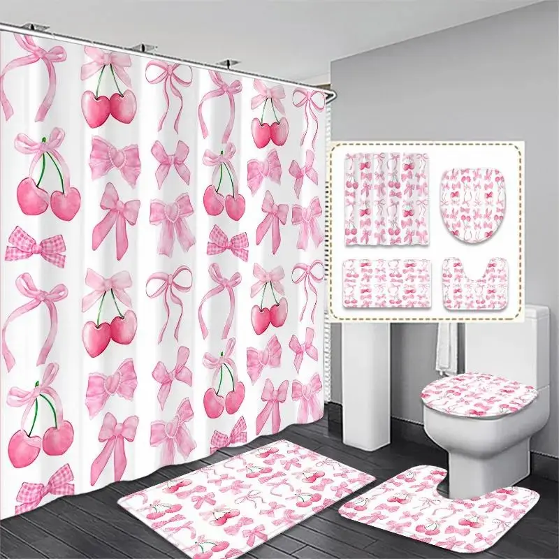 1/4 pcs Cherry and Bow pattern bathroom decoration set, Restroom Bathroom Accessories, festive design, non-slip floor mat, U-shaped rug, toilet seat cover, come with 12 shower curtain hooks, Shower Curtain Sets