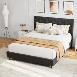 Garvee Grey Queen Bed Frame with Upholstered Headboard, Heavy-Duty Platform Bed Frame with Strong Wood Slats, No Box Spring Needed/Easy Assembly/Noise Free