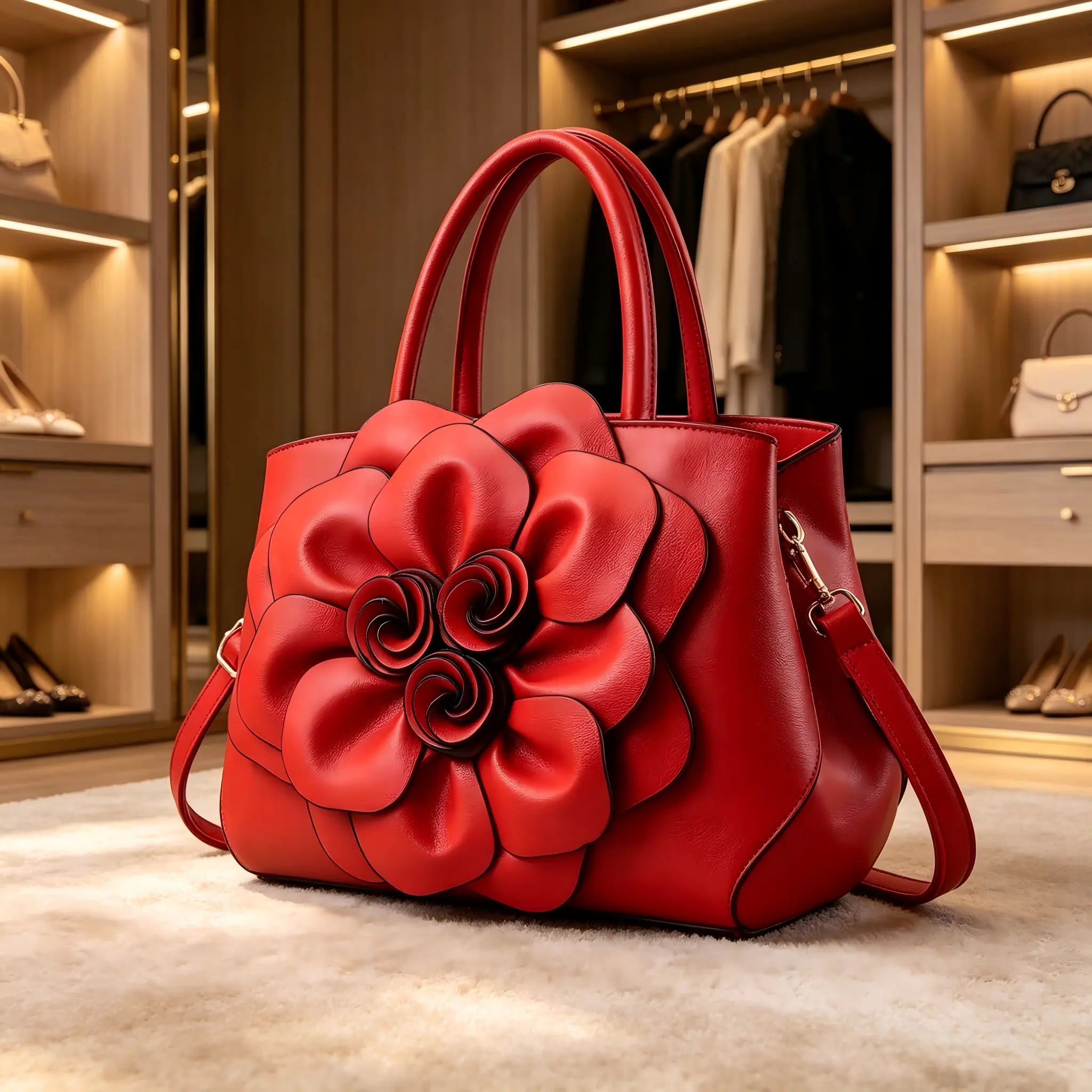 Vintage romantic leather handbag with 3d flower decoration, large-capacity women’s commuter satchel bag