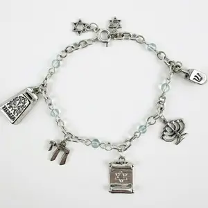 Jewish Heritage Charm Bracelet  – 5 Charms of Meaning & Light. Includes: Chai, Torah Scroll, Menorah, Dreidel, and Tzedakah Box