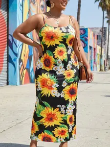 Plus Size Women's Sunflower Print Maxi Dress, Thin Strap Slim Fit, Summer Casual One-Piece, Fashionable and Comfortable