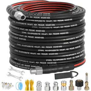 Sewer Jetter Kit for  Washer 100FT, Drain Cleaner Hose 1/4 Inch NPT, NPT Corner Swivel and Push Button Nose Sewer Jet Nozzle Wrenches Gloves  Tape  Brooch,5800PSI