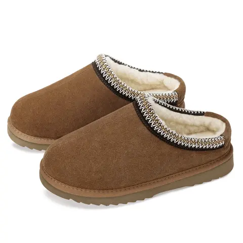 Intini Women's Genuine Suede Leather Slip-On Slippers - Water-Resistant Warm Winter Ankle Mules, Elegant Embroidery, Cozy Fur-Fleece Lined, Anti-Slip Flat Footwear, Indoor-Outdoor Shoes