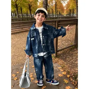 Boys' Toddler & Young Kids 2025 Fall Newest Style Denim Long-Sleeve Jacket and Pants Two-Piece Set, Suitable for Daily, Back-to-School, Outdoor, and Casual Wear, Perfect for Outdoor