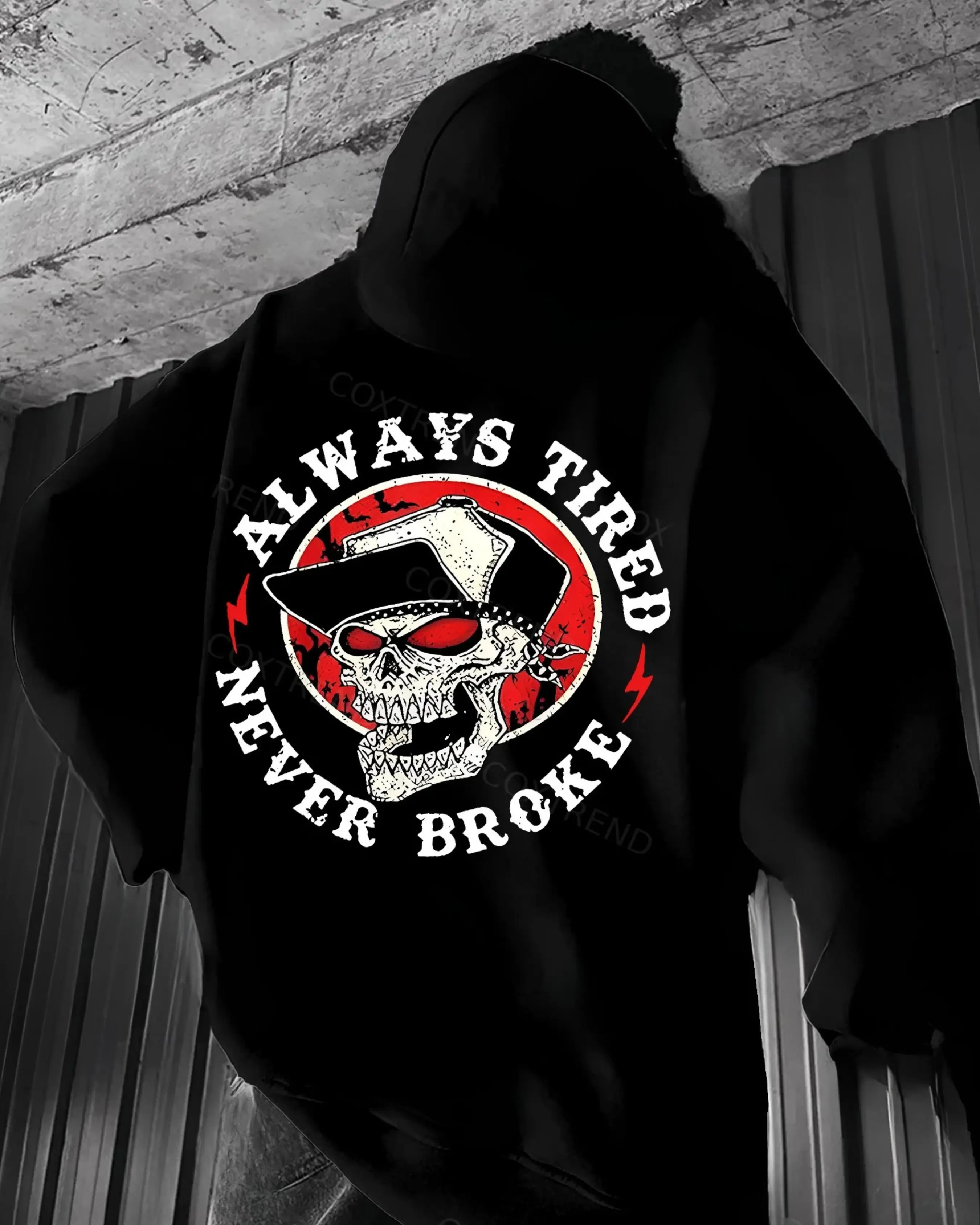 Always Tired Never Broke Skull Hoodie – Hustle Mindset Dark Humor 