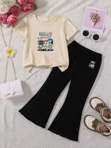 Summer Girls' 2-Piece Set Dandy's World Cartoon Print Tee + Bell Pants, Cute Style for School, Home, Holidays, Daily Wear