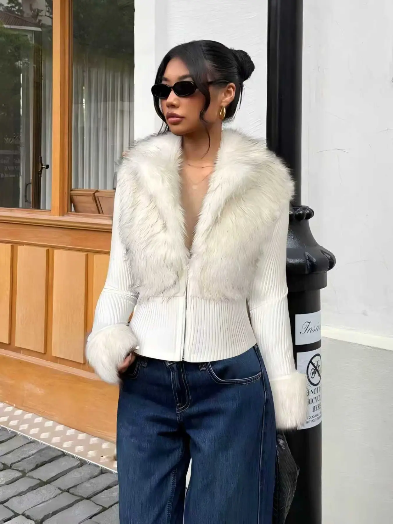Fashion Street Style Casual Patchwork Faux Fur Zipper Long Sleeve Slim Fit Women's Jacket Tops, Spring & Fall Clothing, Trendy Outerwear Coats for Ladies, Womenswear
