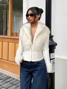 Fashion Street Style Casual Patchwork Faux Fur Zipper Long Sleeve Slim Fit Women's Jacket Tops, Spring & Fall Clothing, Trendy Outerwear Coats for Ladies, Womenswear