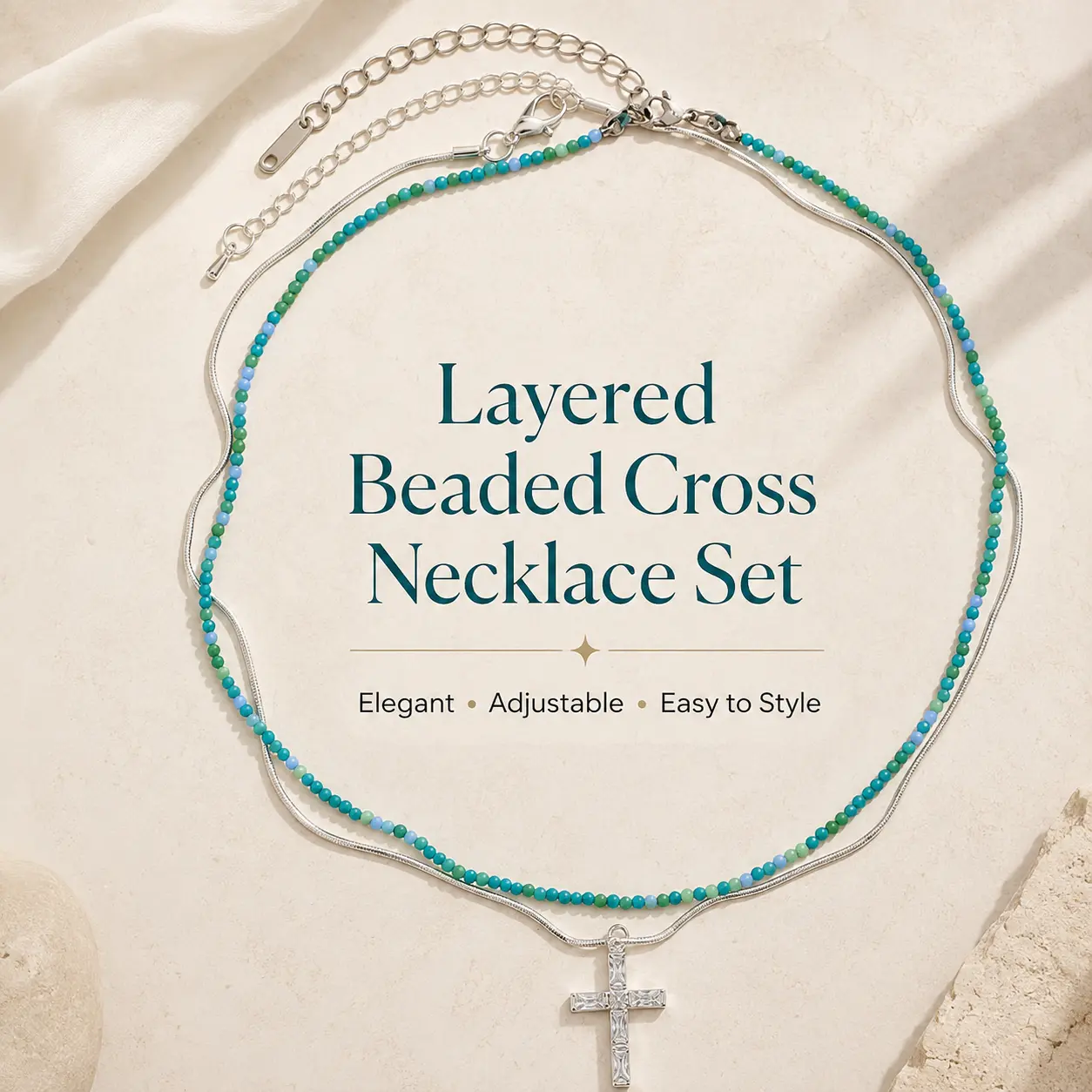 Layered Cross Necklace for Women - Silver Plated Snake Chain with Gradient Turquoise Beaded Strand, Western Boho Sparkling Cross Pendant Choker Jewelry, Adjustable Gift for Valentine’s Day, Birthdays, Anniversaries, Easter, or Graduations.
